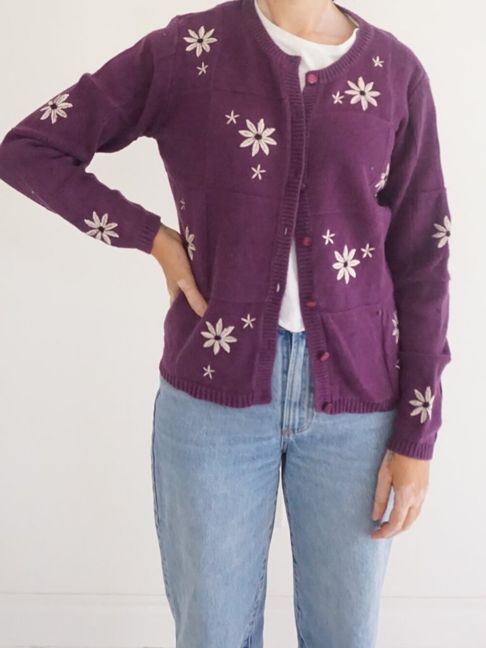 Vintage Christopher & Banks Purple Floral Embroidered Button Front Cardigan S